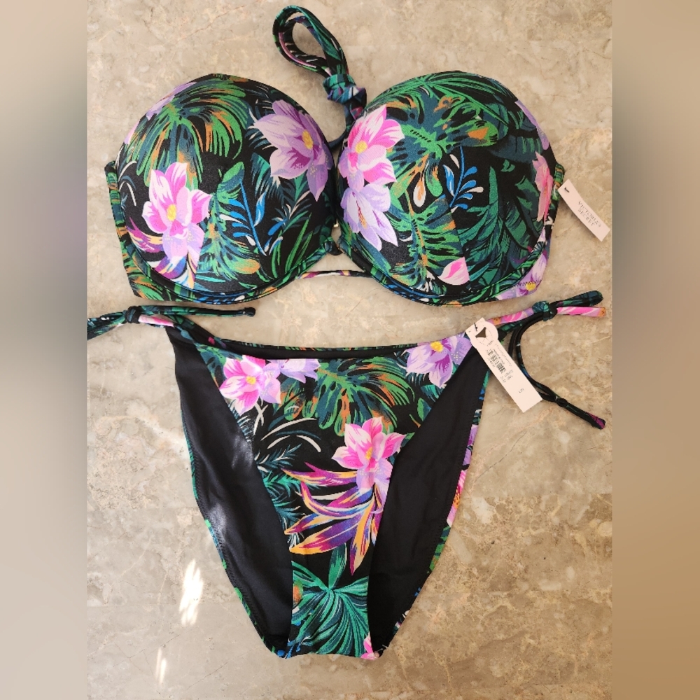Victoria's Secret Floral Bikini - Black and Purple